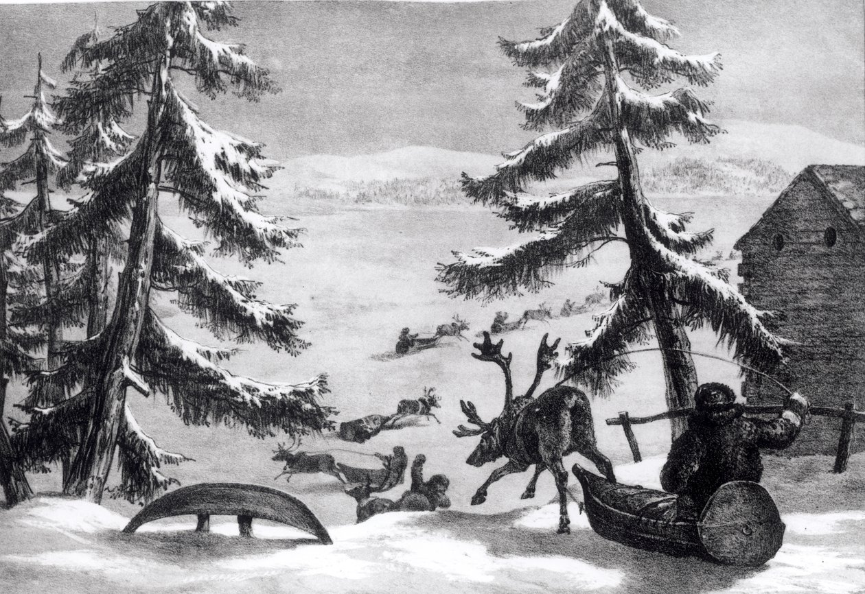 Porovetoiset kelkat, Brooken Winter Sketches in Lapland -kirjasta, julkaistu 1827 tekijältä Arthur de Capell Brooke