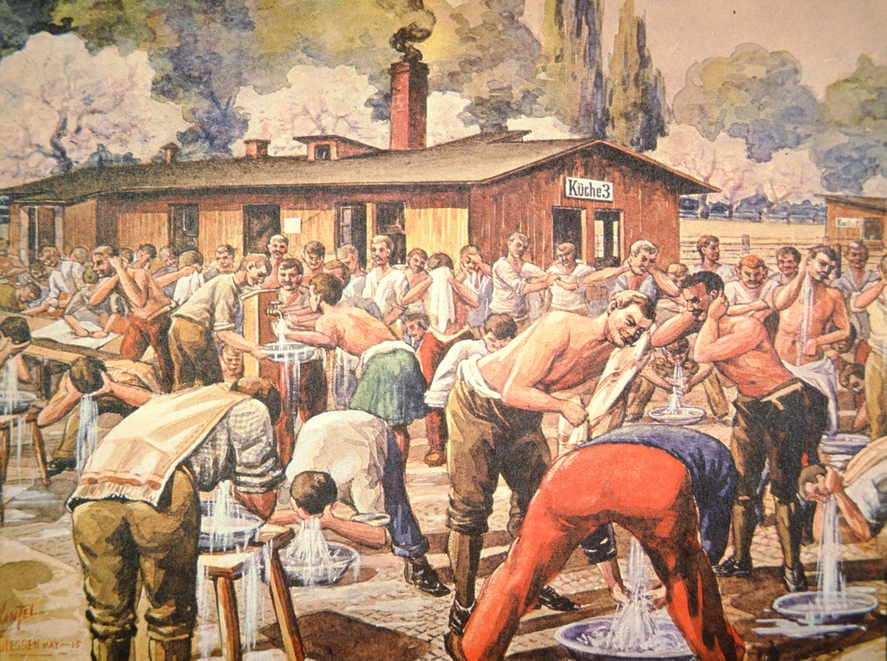 Liittoutuneiden sotavangit peseytymisessä saksalaisessa Geissenin vankileirissä (värilitho) tekijältä Arthur (after) Nantel