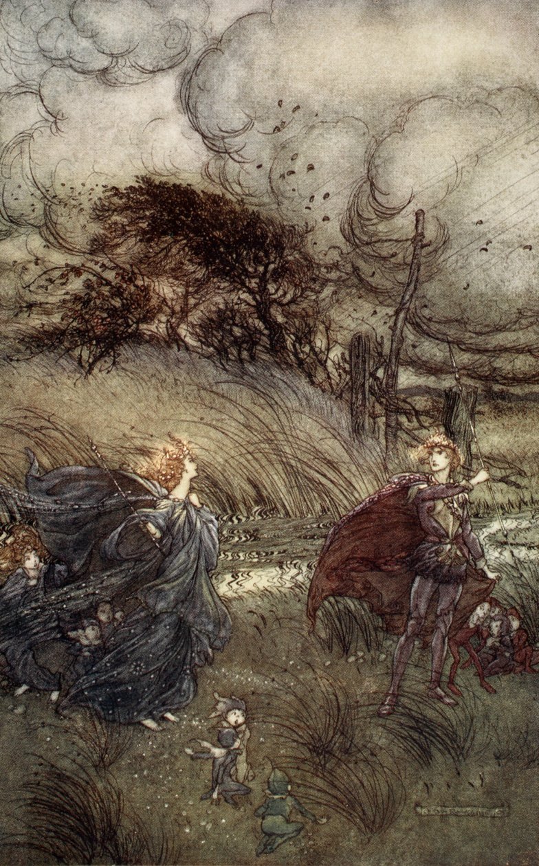 Ja nyt he eivät koskaan tapaa lehdossa tai vehreässä, suihkulähteen luona kirkkaassa tai kirkkaassa tähtien valossa. Mutta ne ovat neliömäisiä, kuvitus William Shakespearen "Kesäyön unelmasta". tekijältä Arthur (after) Rackham