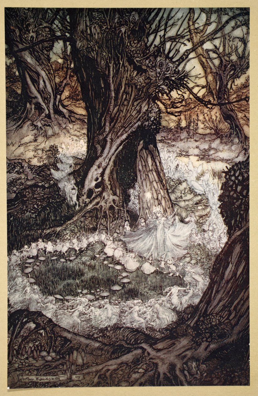 Tule, nyt pyöreä, kuvitus William Shakespearen "kesäyön unelmasta" tekijältä Arthur (after) Rackham