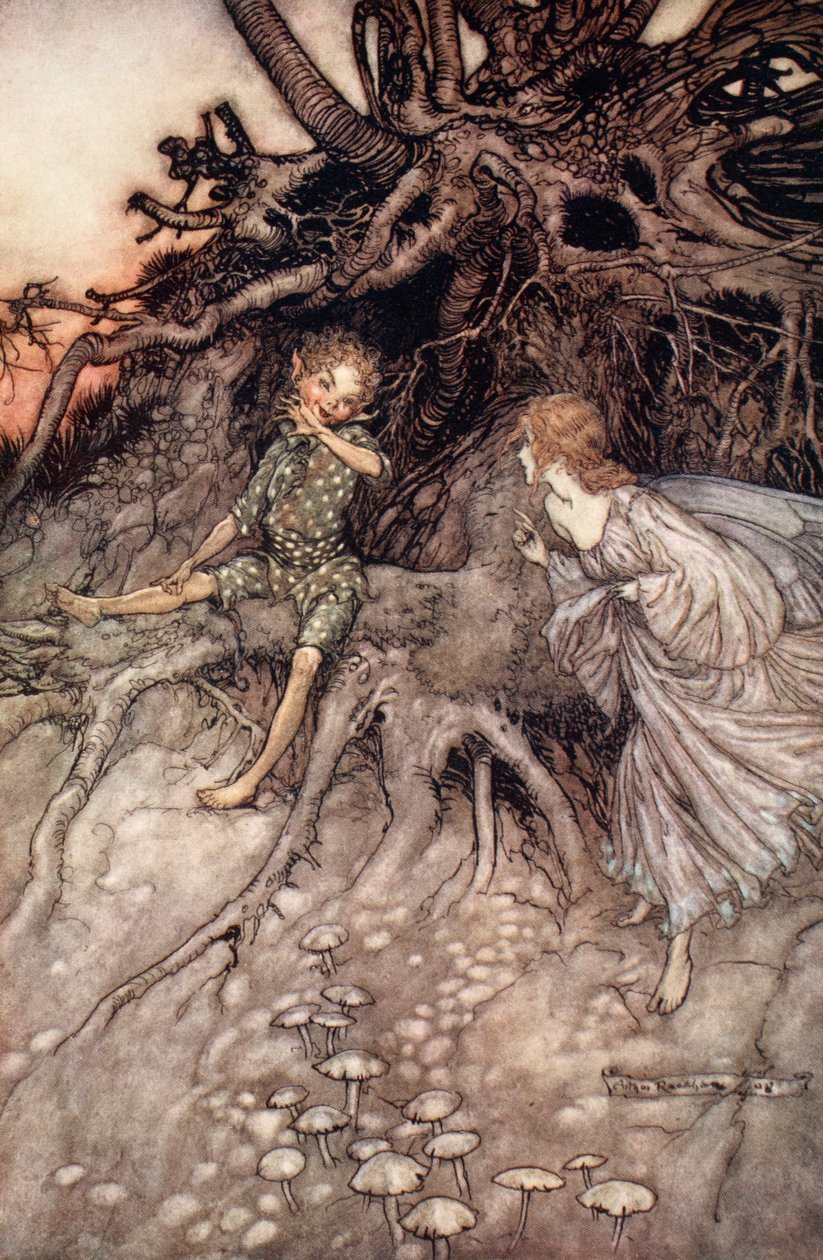 Olen se iloinen yön vaeltaja, kuvitus William Shakespearen "Kesäyön unelmasta" tekijältä Arthur (after) Rackham