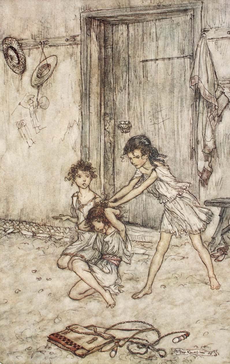 Hän oli viksu, kun hän meni kouluun, kuvitus William Shakespearen "Kesäyön unelmasta" tekijältä Arthur (after) Rackham