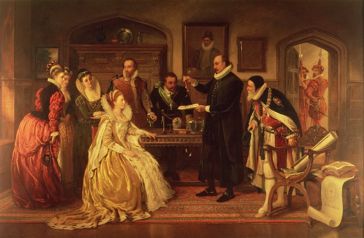 Tri William Gilbert (1544-1603) esittelee sähkökokeiluaan kuningatar Elisabet I:lle ja hänen hovilleen, 1800-luku (katso yksityiskohta 99460) tekijältä Arthur Ackland Hunt