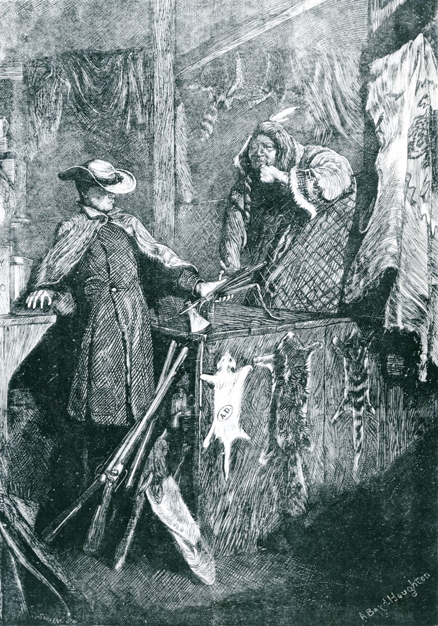Vaihtokauppa intiaanien kanssa Länsi-Amerikan osavaltioissa, kaiverrus Joseph Swain (1820-1909) 1871 tekijältä Arthur Boyd Houghton