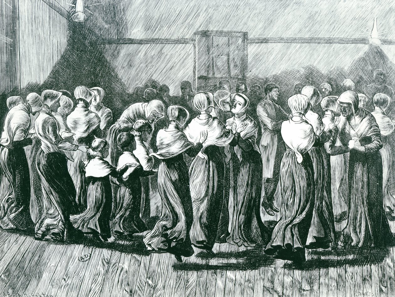 Shakers at a Meeting: The Religious Dance, kuvitus julkaisusta The Graphic, julkaistu 14. toukokuuta 1870 tekijältä Arthur Boyd Houghton