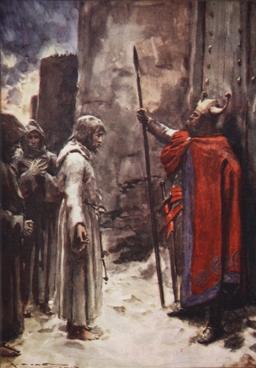 Paljain jaloin, hiuspaitaan pukeutunut Henry ilmestyi porttien eteen anoen sisäänpääsyä. H.E.:n kuva Saksan historiasta. Marshall tekijältä Arthur C. (after) Michael