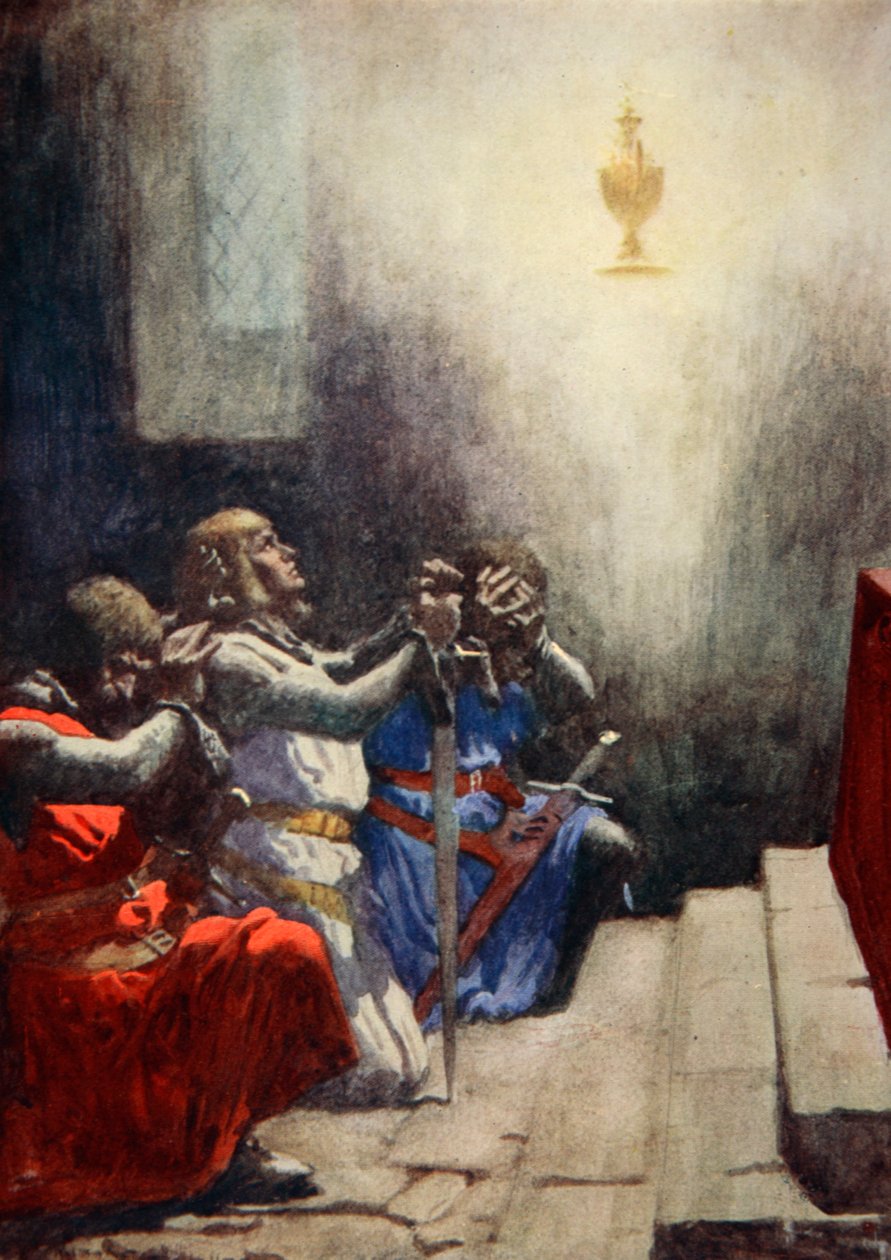 Yksin Galahad saattoi nähdä Pyhän Graalin täydellisen kauneuden, n. 1925 (väri litho) tekijältä Arthur C. (after) Michael