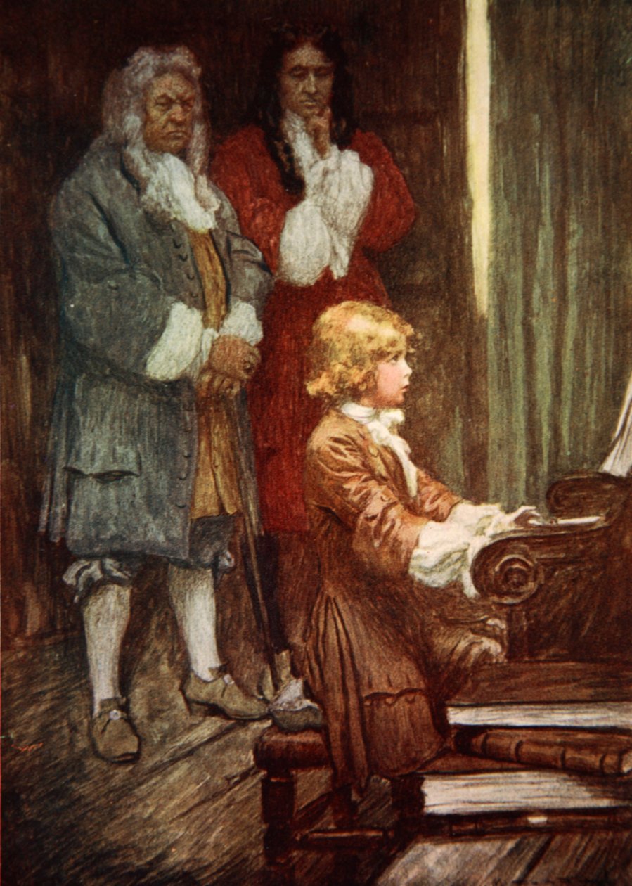 Hiljaisuudessa he odottivat Händelin soittaessa (väri litho) tekijältä Arthur C. (after) Michael