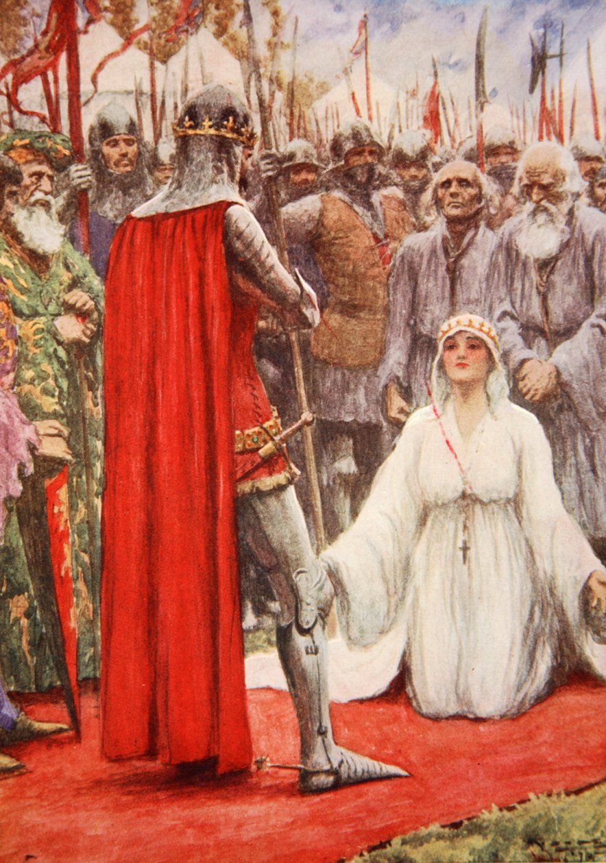 Kuningas Edward katsoi alas kuningatar Philippan rukoileviin silmiin (väri litho) tekijältä Arthur C. (after) Michael