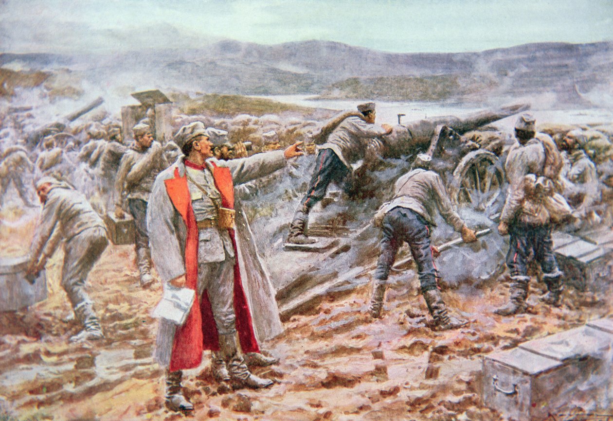 Serbian tykistö taistelussa itävaltalaisia vastaan (värilitho) tekijältä Arthur C. (after) Michael
