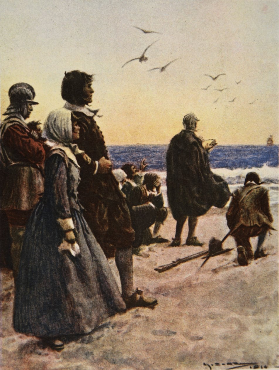 Mayflowerin lähtö, kuvitus teoksesta This Country of Ours, The Story of the United States, kirjoittaja H.E. Marshall tekijältä Arthur C. (after) Michael