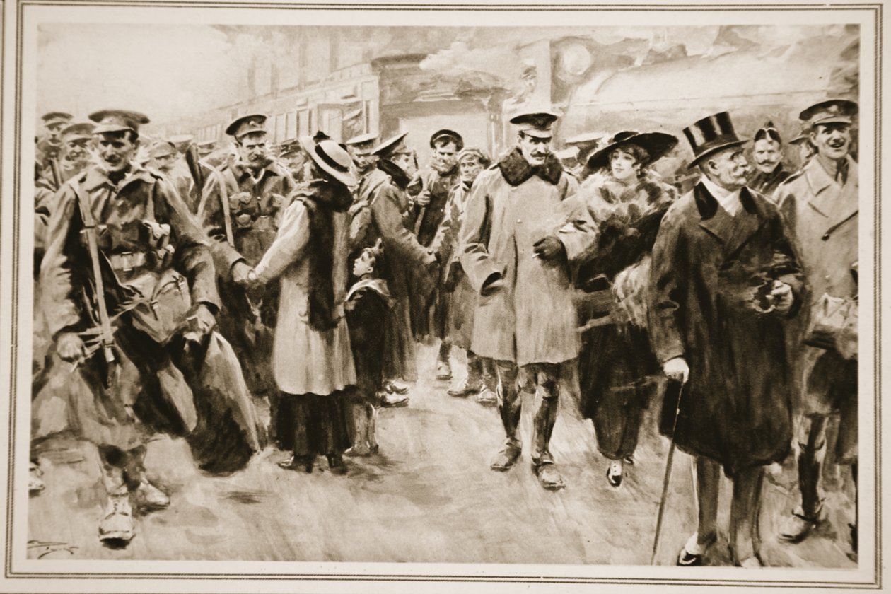 Viikonloppu poissa rintamasta: brittiläiset upseerit ja miehet lyhyellä lomalla juoksuhaudoista saapuvat Victoriaan, "The Illustrated War News" tekijältä Arthur C. (after) Michael