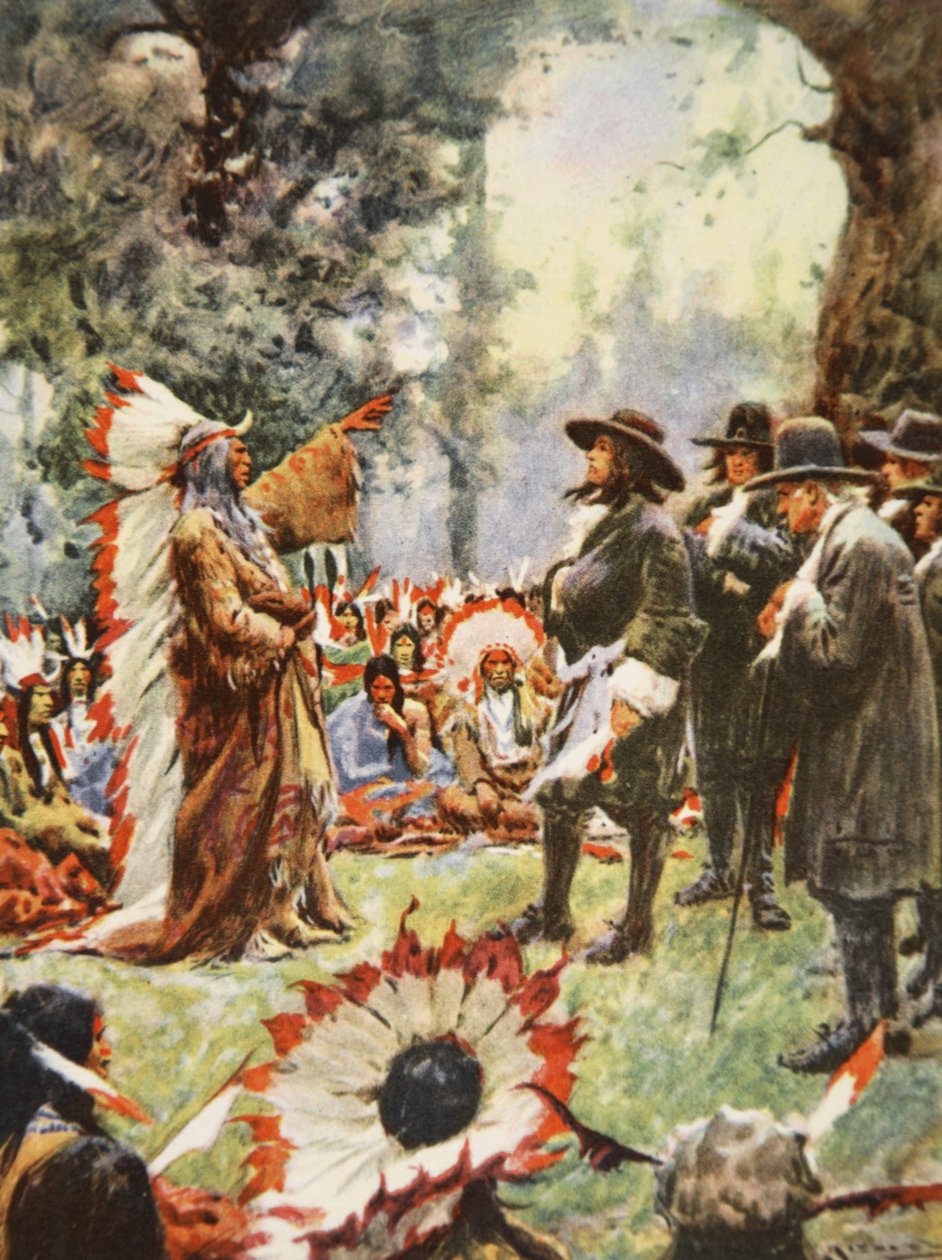 William Pennin sopimus intiaanien kanssa, kuvitus teoksesta This Country of Ours, The Story of the United States, kirjoittaja H.E. Marshall tekijältä Arthur C. (after) Michael