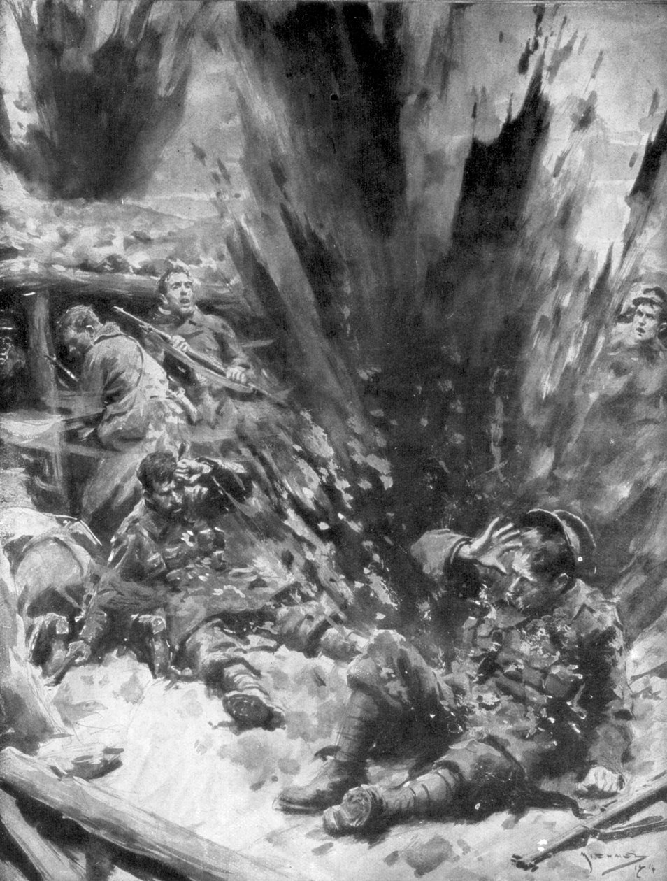 Saksalainen ammus räjähtää brittiläisessä kaivannossa, 1914, 1926. tekijältä Arthur C. Michael