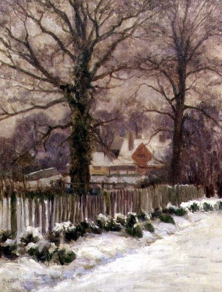 A Snow-Covered Lane, Radlett, Hertfordshire (öljy kankaalle) tekijältä Arthur Claude Cooke