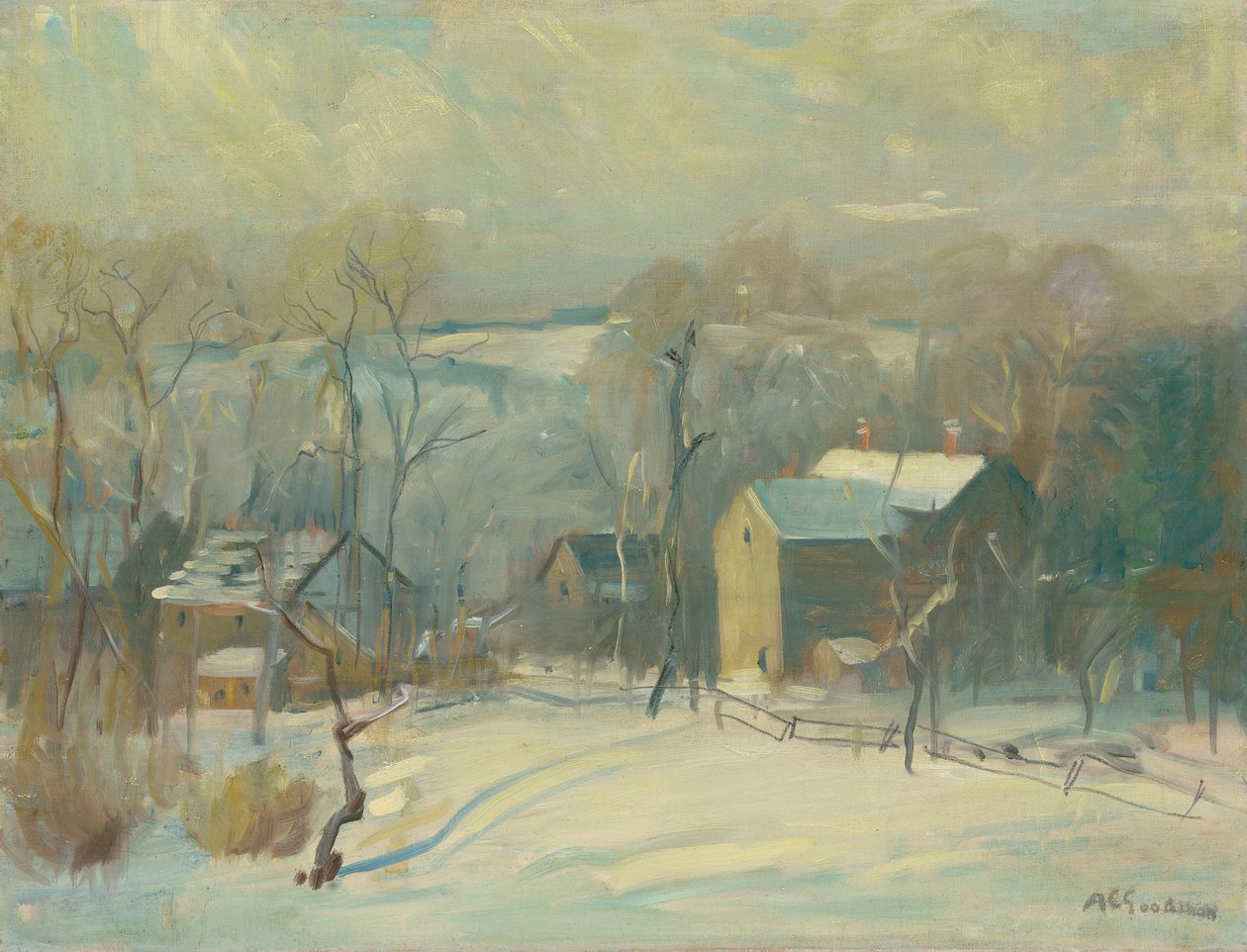 Village in Snow (öljy kankaalle) tekijältä Arthur Clifton Goodwin