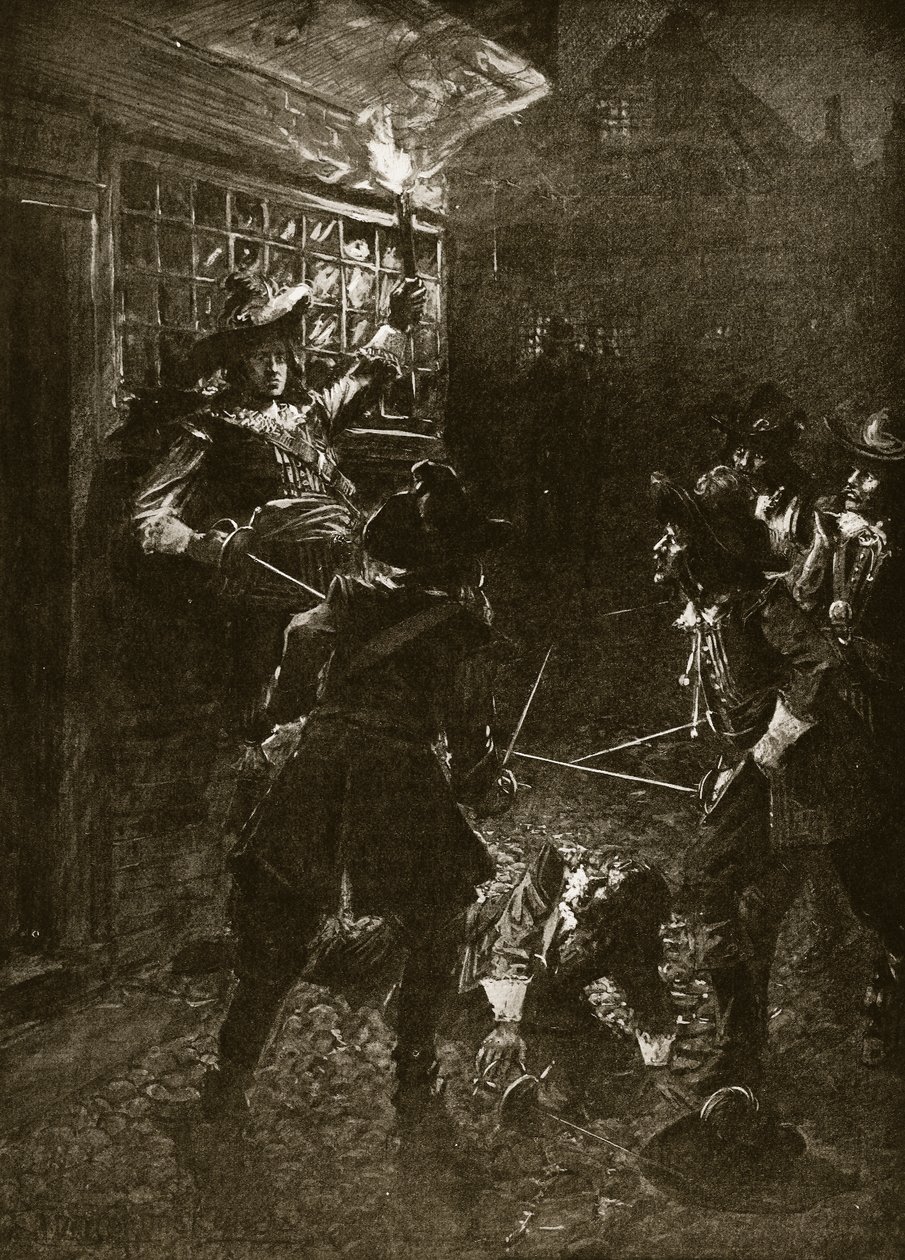 Kuningas Charles II:n kannattajat hyökkäävät Sir John Coventryä vastaan, 1670, esimerkki Hutchinsonin kirjasta "Story of the British Nation", n. 1920 tekijältä Arthur David McCormick