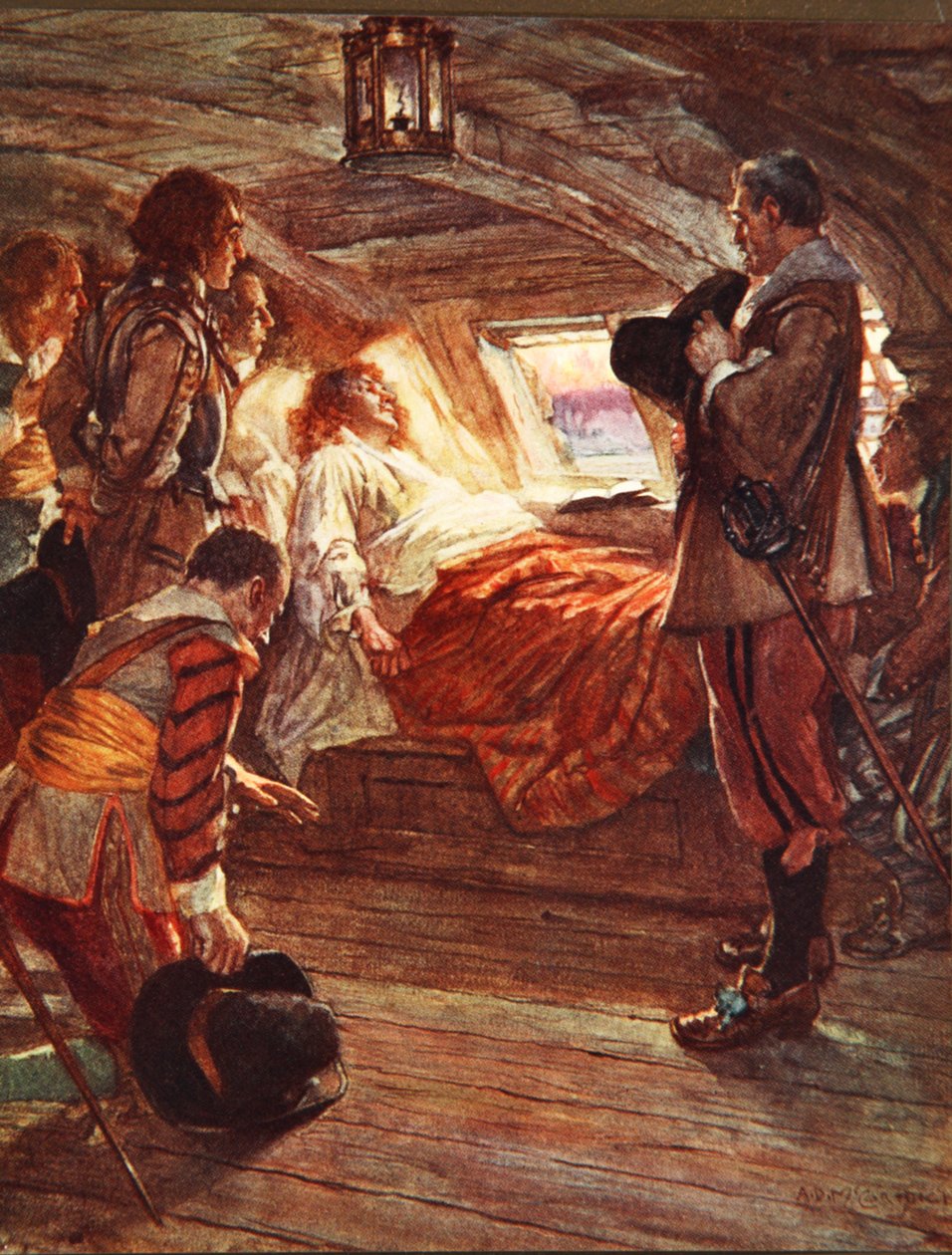 Amiraali Blaken kuolema (1599-1657) kuvitus Henry Newboltin (1862-1938) pubin teoksesta "Drake