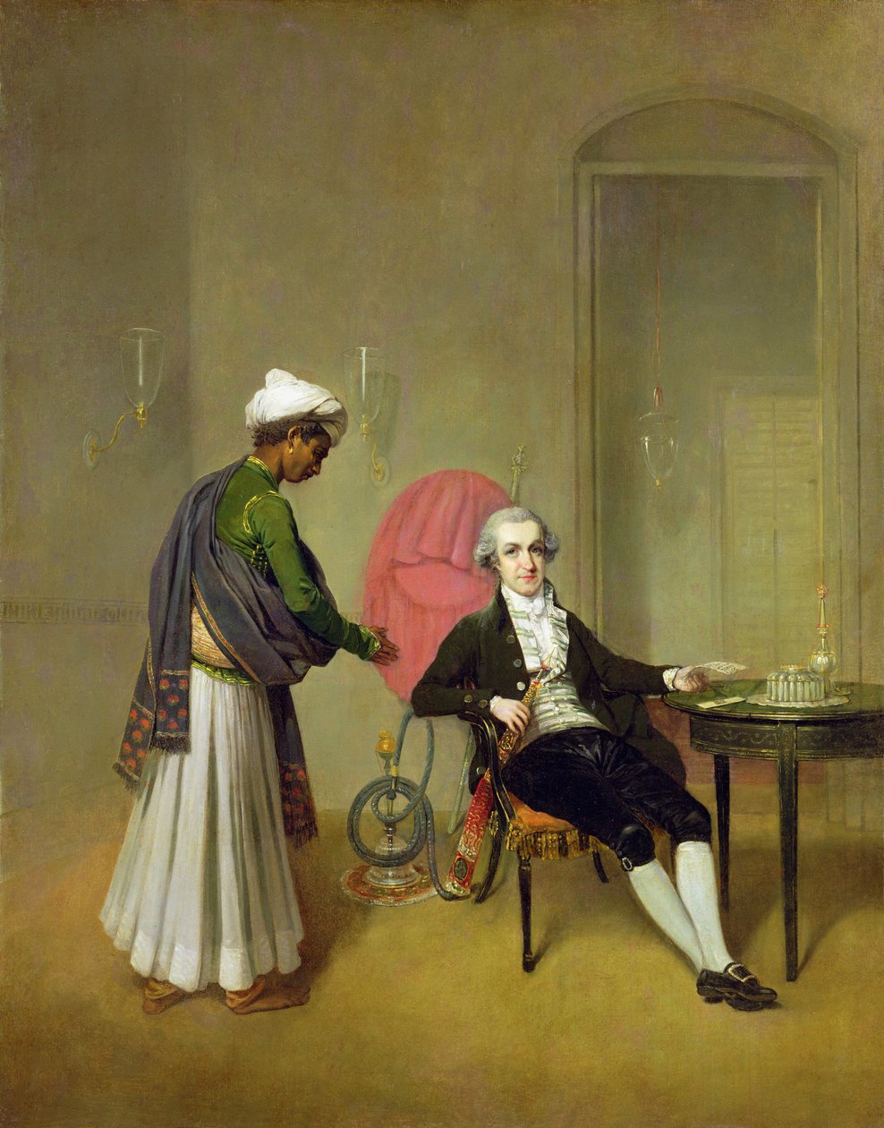 Gentleman, mahdollisesti William Hickey, ja hänen intialainen palvelijansa, n. 1785 (öljy kankaalle) tekijältä Arthur Devis