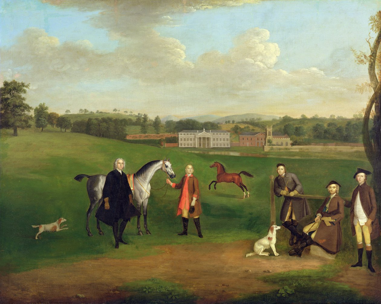 Leak Okeover, pastori John Allen ja kapteeni Chester Okeover Hallissa, Staffordshire, c. 1785 tekijältä Arthur Devis