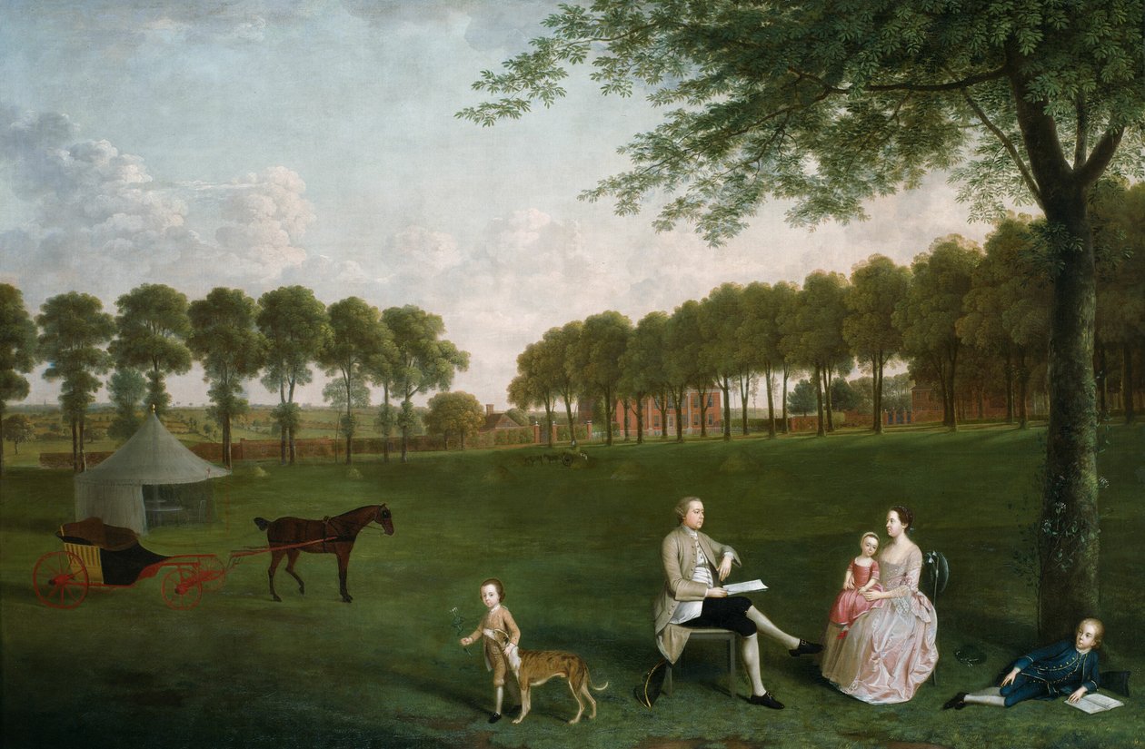 Sir John Shaw ja hänen perheensä puistossa Eltham Lodgessa, Kentissä, 1761. tekijältä Arthur Devis