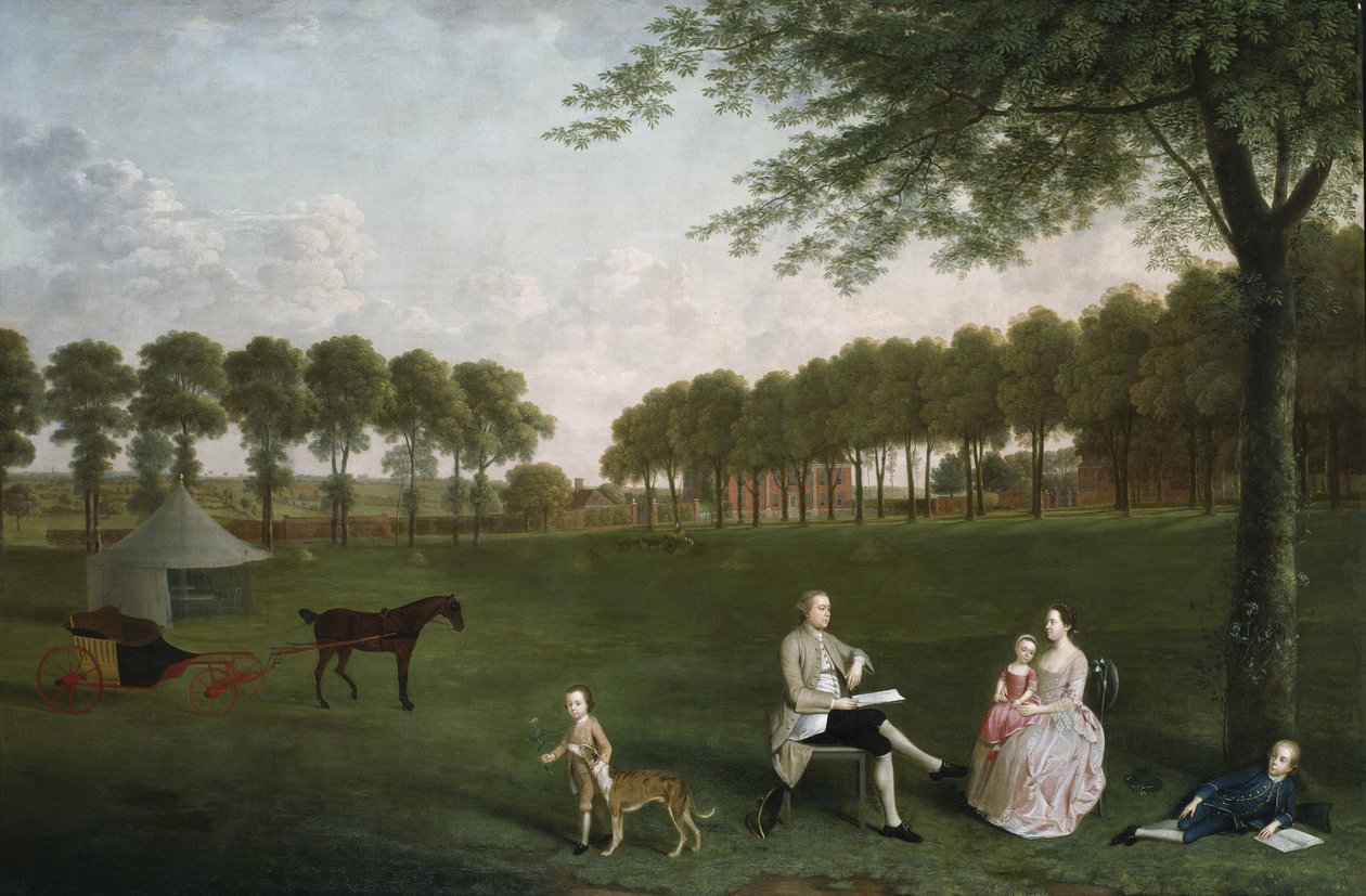 Sir John Shaw ja hänen perheensä puistossa Eltham Lodgessa, Kentissä, 1761 tekijältä Arthur Devis