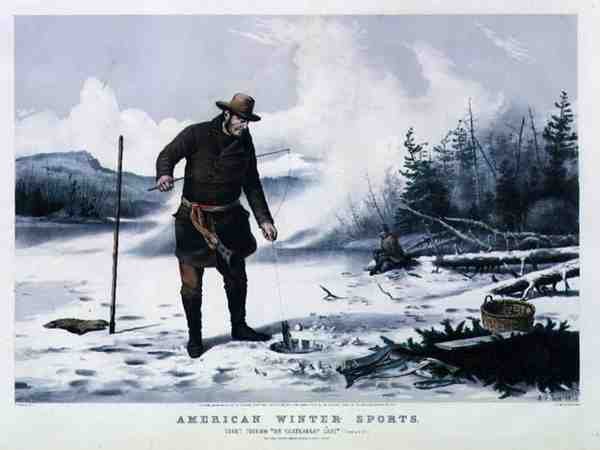 Amerikkalainen talviurheilu: Taimenkalastus Chateaugay-järvellä, pubi. kirjoittanut Currier & Ives tekijältä Arthur Fitzwilliam (after) Tait