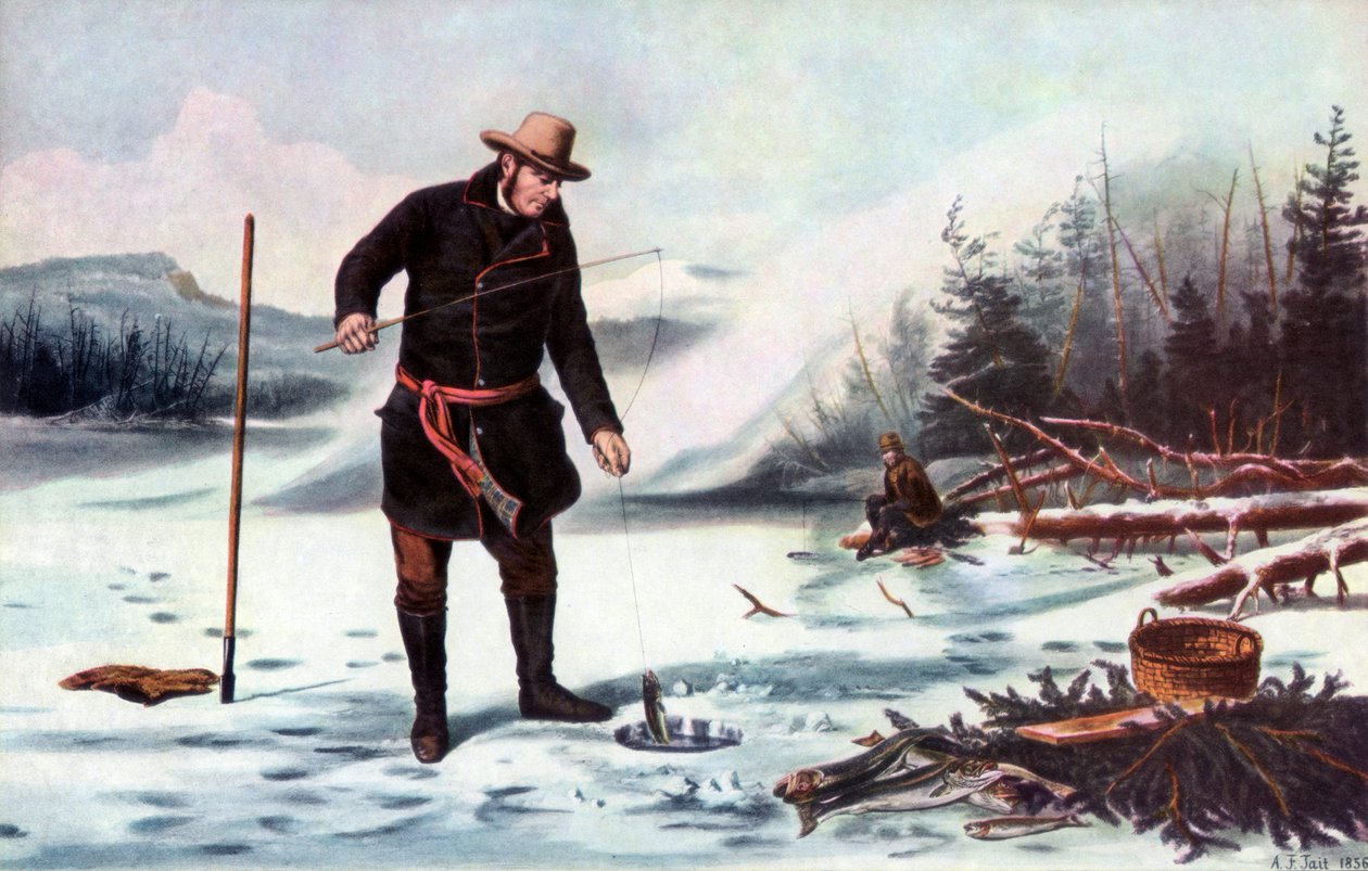 Taimenen kalastus Chateaugay-järvellä, American Winter Sports, 1856. tekijältä Arthur Fitzwilliam Tait