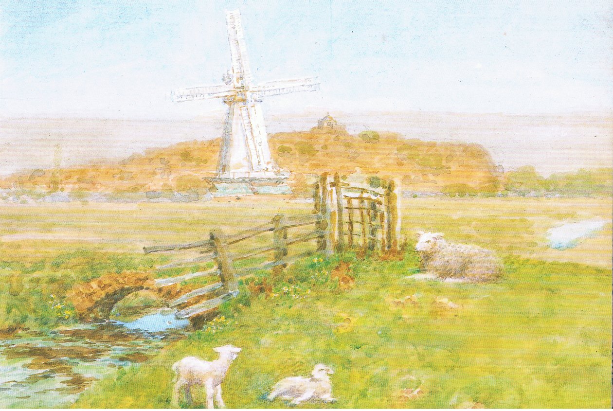 Tuulimylly, Ruis, Sussex, Postikortti, 1970-luku tekijältä Arthur Foord Hughes