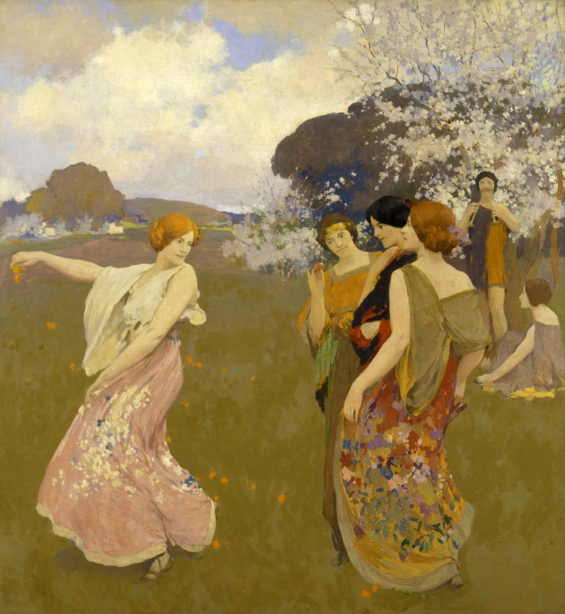 Kevättanssi, c. 1917 tekijältä Arthur Frank Mathews