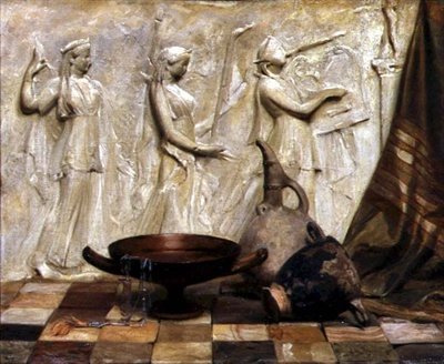 Skyphos, Kylix, viinikannu ja egyptiläinen kaulakoru kreikkalaisella friisillä (öljy kankaalle) tekijältä Arthur Hacker