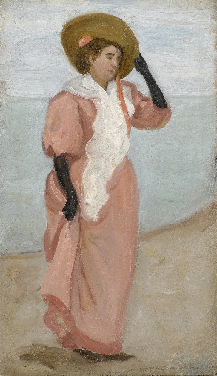 Nainen meren rannalla, (A Sudden Gust of Wind), n. 1895 tekijältä Arthur Haythorne Studd