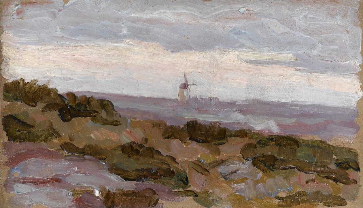 Maisematutkimus, tuulimylly horisontissa, noin 1900 tekijältä Arthur Haythorne Studd