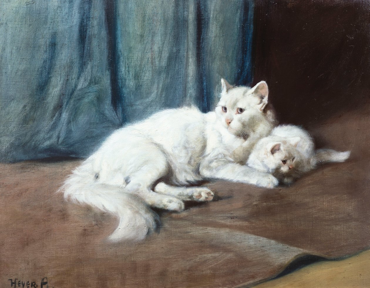 Valkoinen persialainen kissa pentujensa kanssa (öljy kankaalle) tekijältä Arthur Heyer