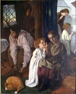 Nukkumaanmenoaika, n. 1862 (öljy kankaalle asetettu paneeliin) tekijältä Arthur Hughes
