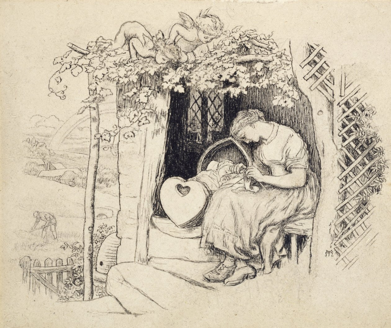 By the Cradle (kynä ja Intian muste grafiitin päällä) tekijältä Arthur Hughes