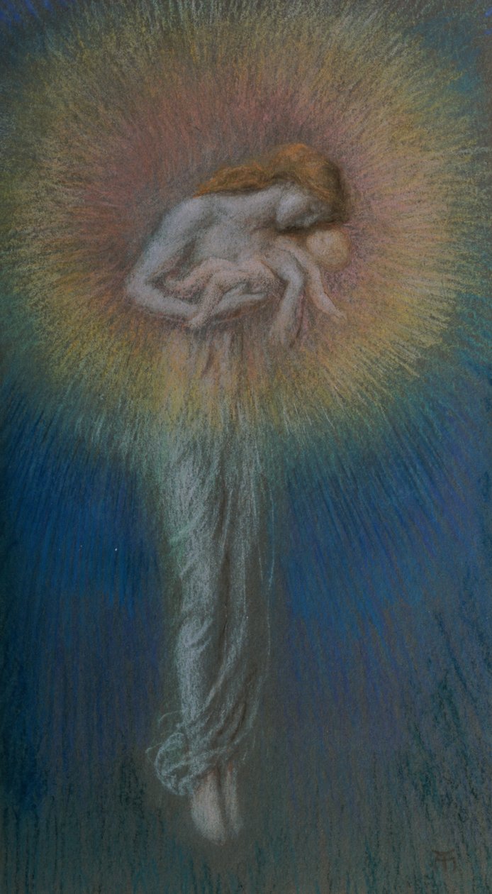Äitiys, noin 1890-luku (pastelli paperille) tekijältä Arthur Hughes