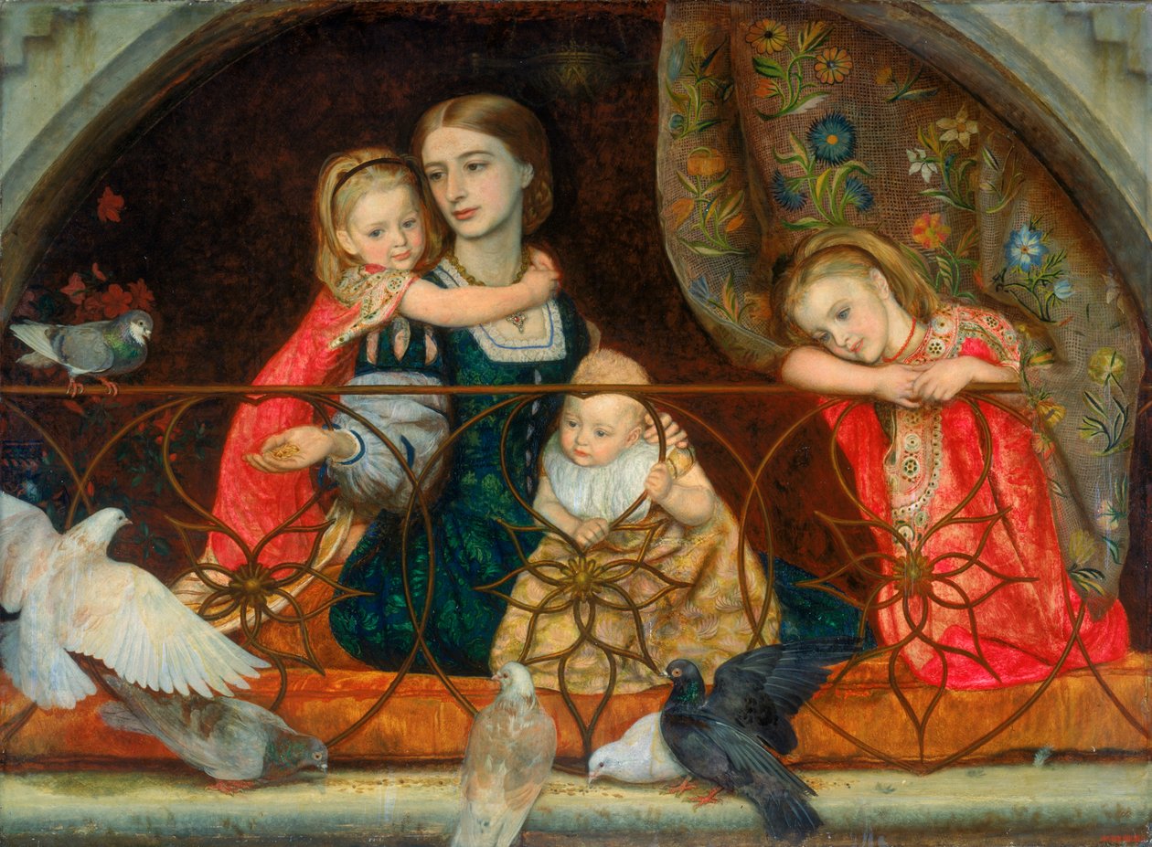 Rouva Leathart ja hänen kolme lastaan, n. 1863-65 tekijältä Arthur Hughes