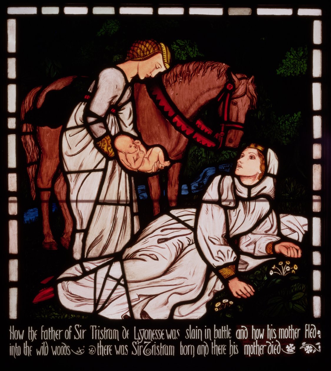 Tristanin syntymä, elokuvasta The Story of Tristan and Isolde, William Morris und Co. (lasimaalaus) tekijältä Arthur Hughes