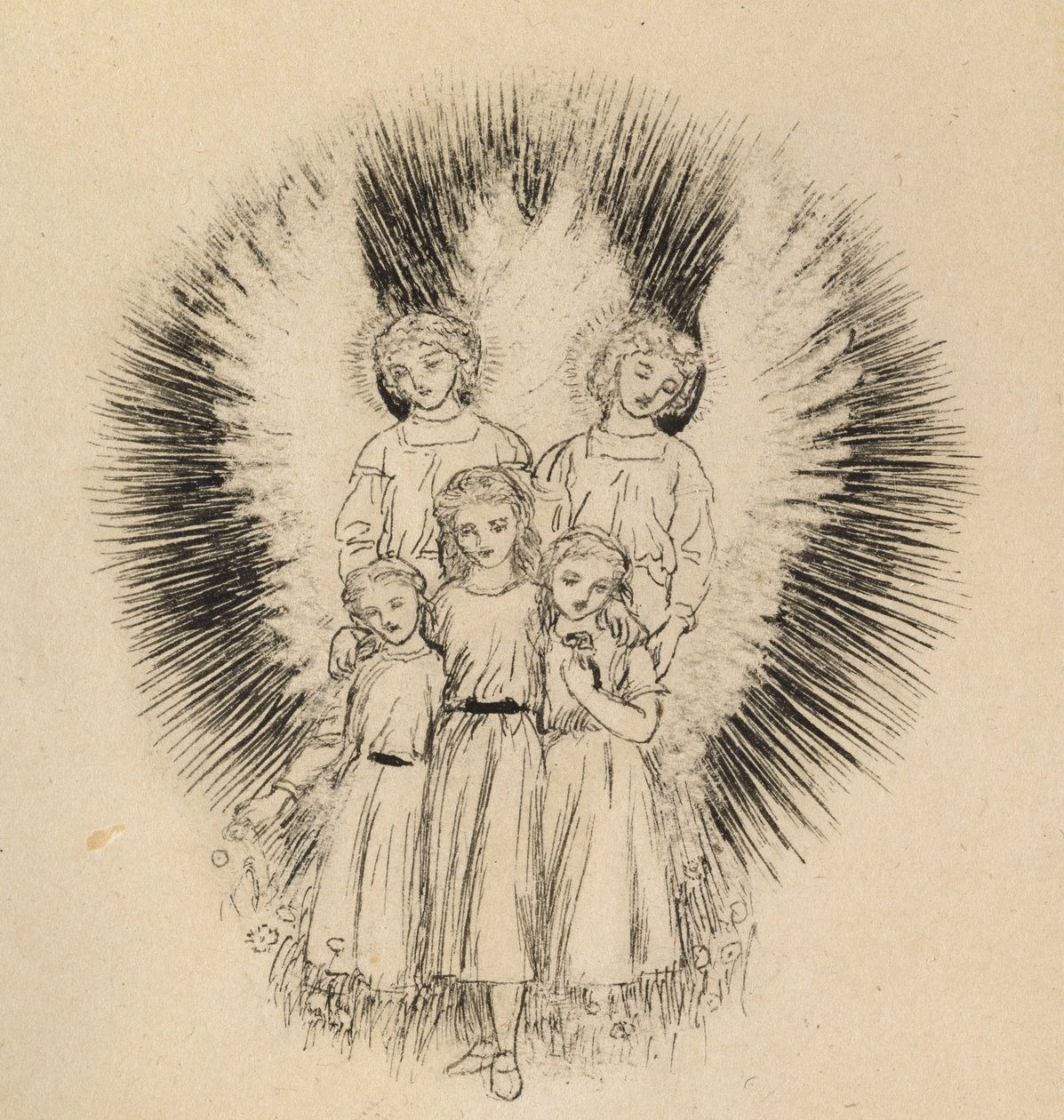 Kolme pientä lasta leveällä maapallolla (kynä ja musta muste luonnonvalkoiselle paperille) tekijältä Arthur Hughes