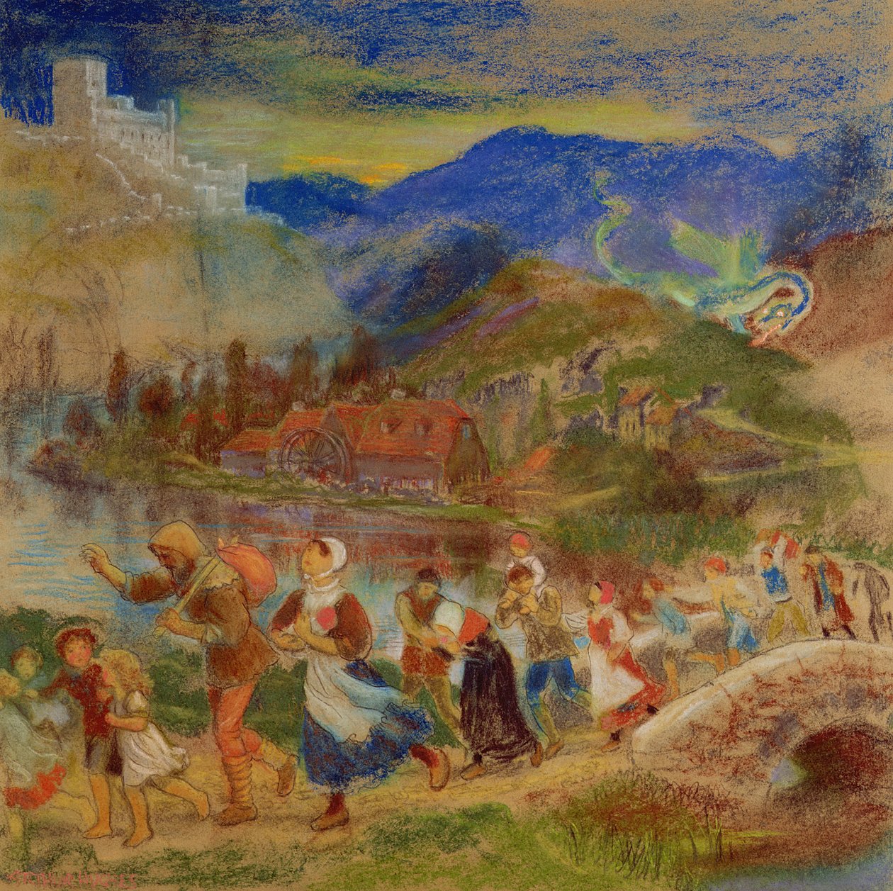 Kyläläiset pakenevat lohikäärmettä tekijältä Arthur Hughes