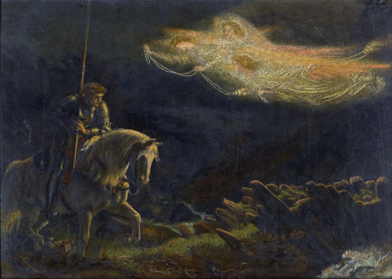 Sir Galahad. La Quete du Saint Graal Sir Galahad. The Quest for the Holy Graal par Arthur Hughes (1832-1915) - Öljy puulle, 30,5x43 - Yksityiskokoelma tekijältä Arthur Hugues