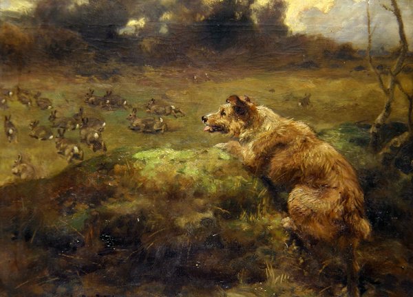 Jäniksenmetsästäjä (öljy kankaalle) tekijältä Arthur John Strutt