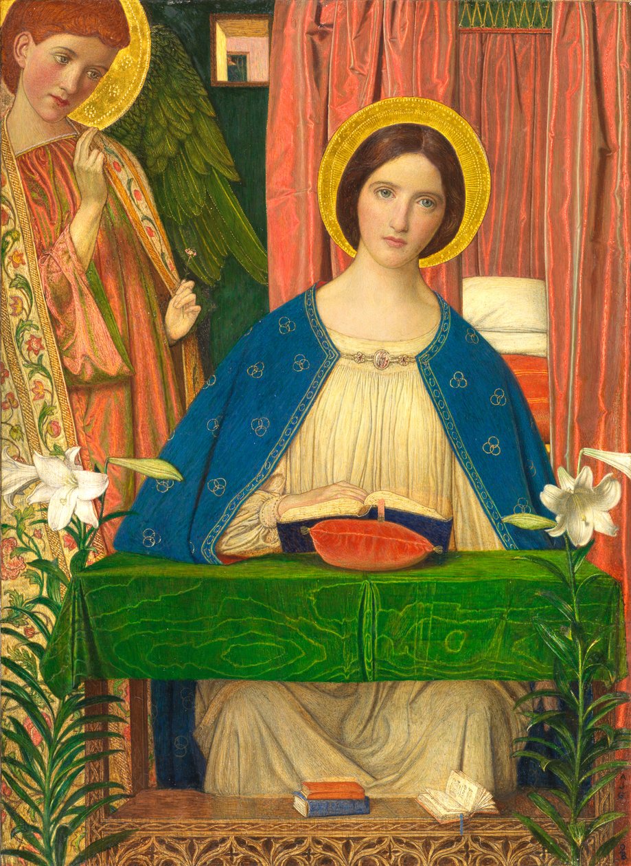 Annunciation (tempera, jossa kultalehti kohotetulla työstetyllä gessolla puupaneelilla) tekijältä Arthur Joseph Gaskin