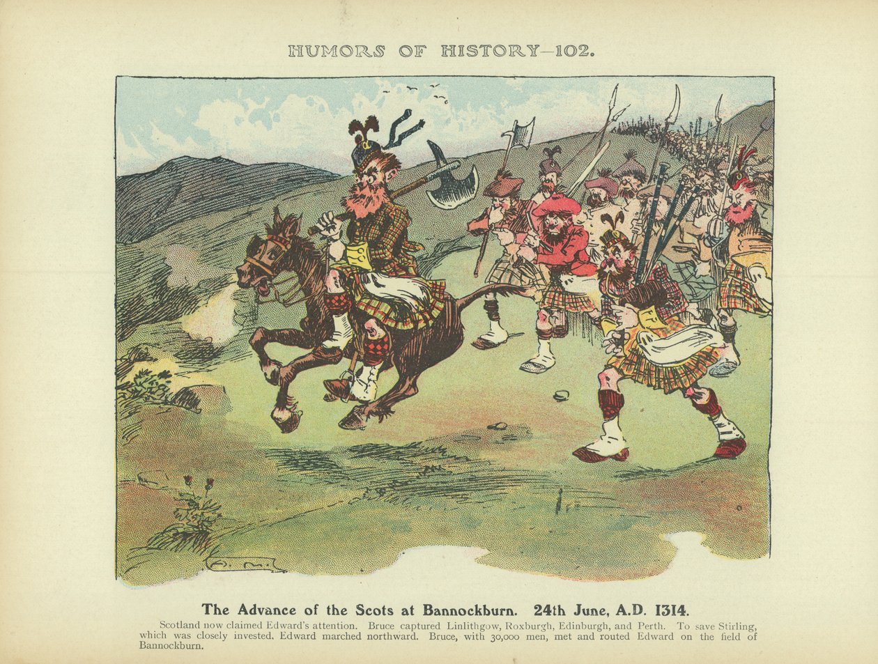 Skottien eteneminen Bannockburnissa. 24. kesäkuuta 1314 jKr. (värilitografia). tekijältä Arthur Moreland