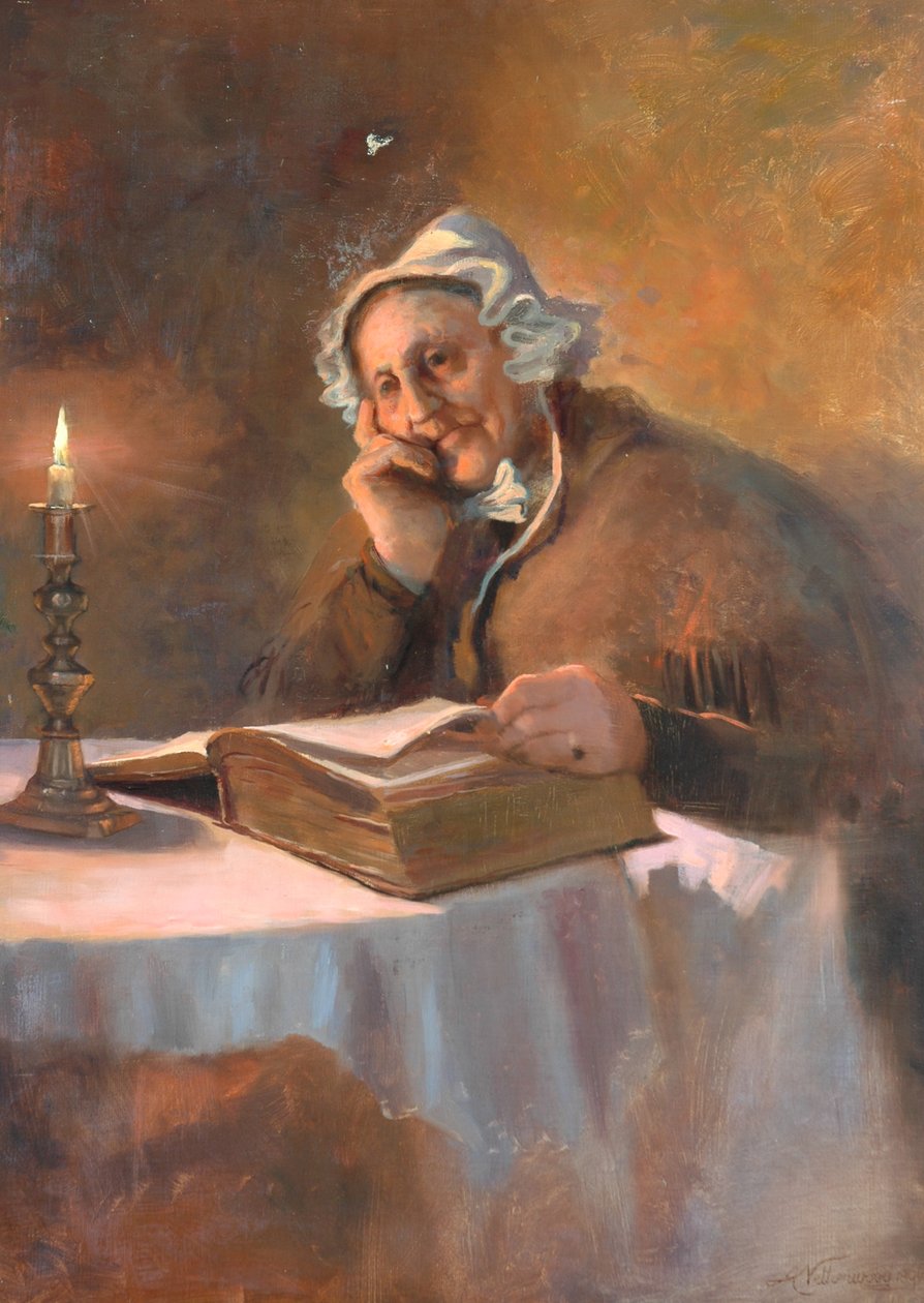 Muotokuva vanhasta naisesta, joka lukee Raamattua kynttilänvalossa, 1896 tekijältä Arthur Netherwood