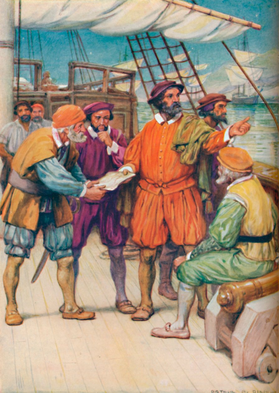 Magellan neuvottelee navigaattoriensa kanssa, c1925 tekijältä Arthur Percy Dixon
