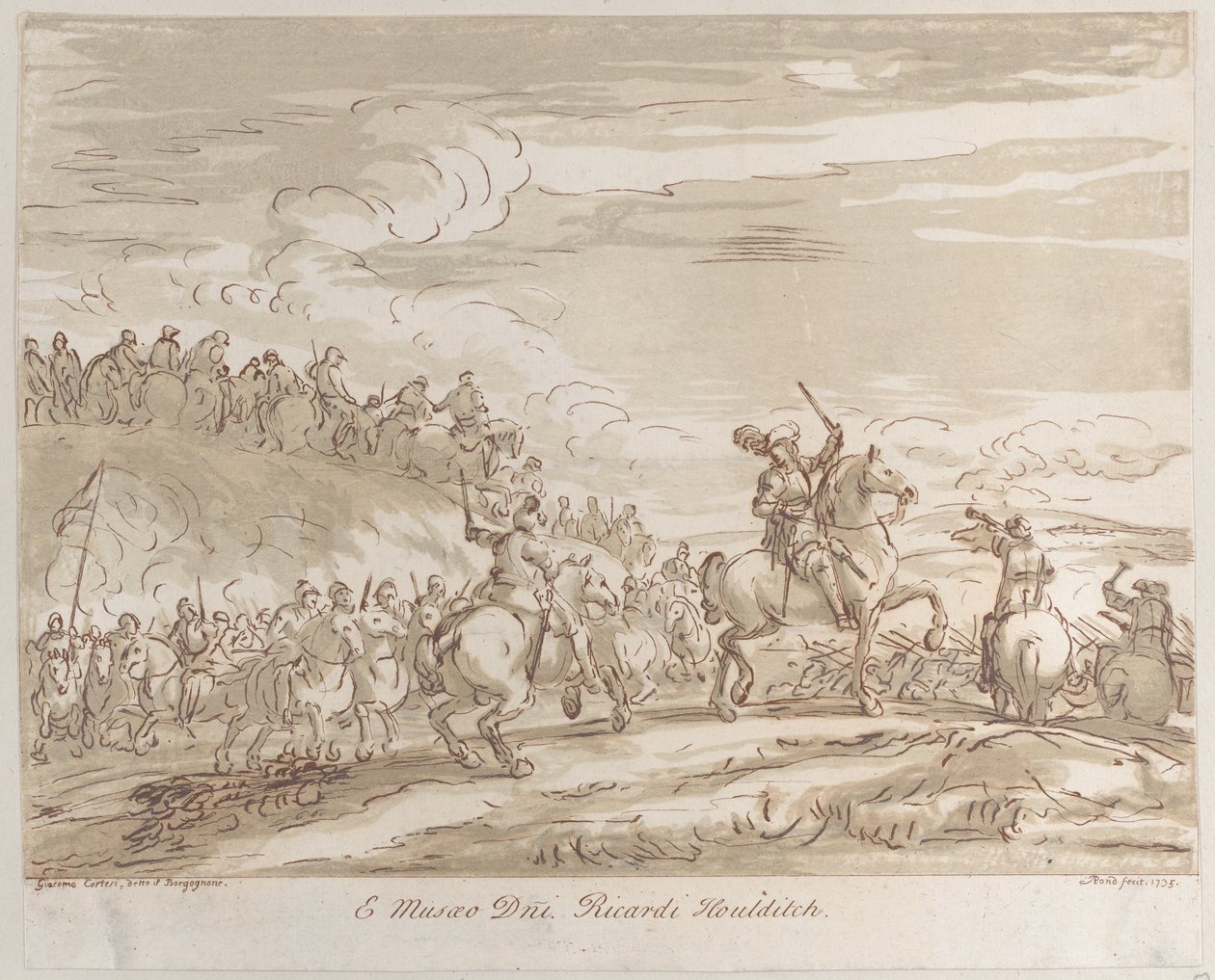 Ratsuväki etenee hyökkäykseen, jossa keskeinen hahmo hevosen selässä nostamassa miekkaa, 1735, 1735. tekijältä Arthur Pond