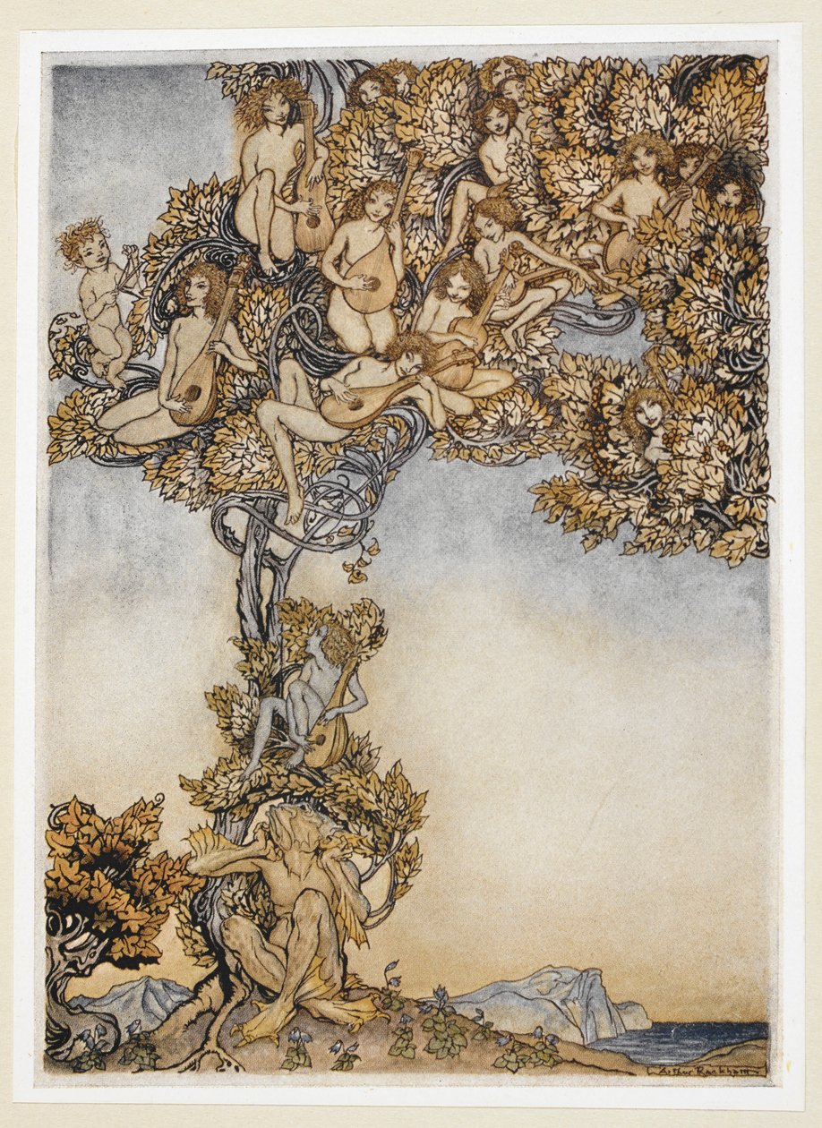 ACT III: Kohtaus II, rivi 146 Joskus tuhat sotkua Hyräilee korvistani. tekijältä Arthur Rackham