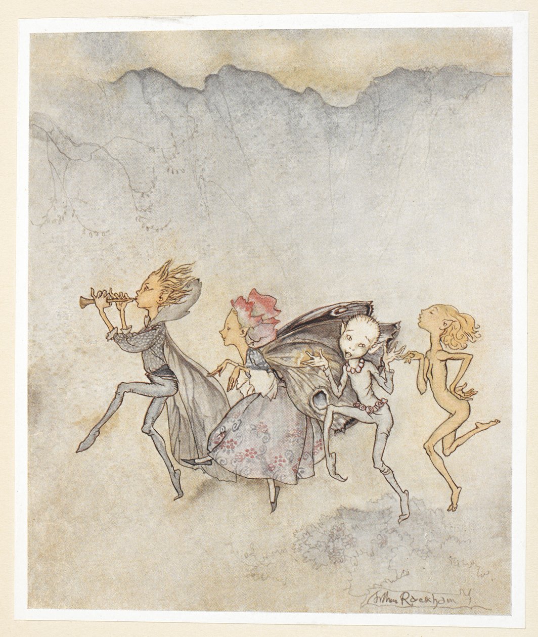 NOPEA IV: Kohtaus I, rivi 46 Jokainen kompastui varpaillaan, Tulee tänne mopin ja ruohon kanssa. Nymfit. tekijältä Arthur Rackham